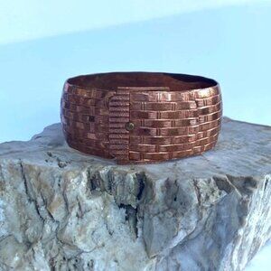 VTG Solid Copper 1" Weave Design Hinge Belt Bangle Bracelet 7" Basket Weave